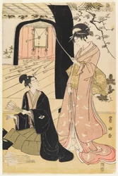 Young samurai and female attendants practising archery, half of a diptych